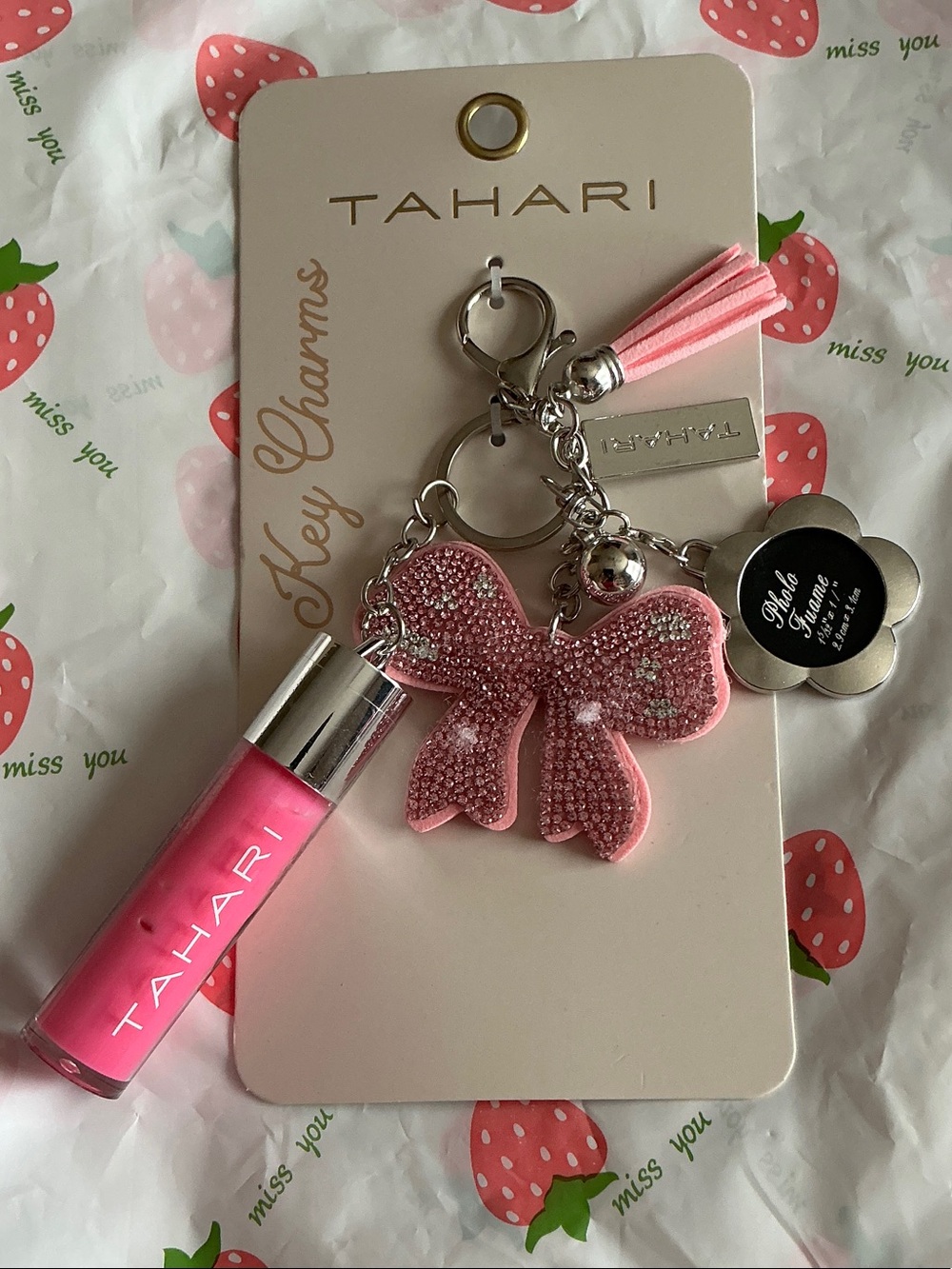 Tahari Pink Bow Key & Lip Gloss Charm with Tassel